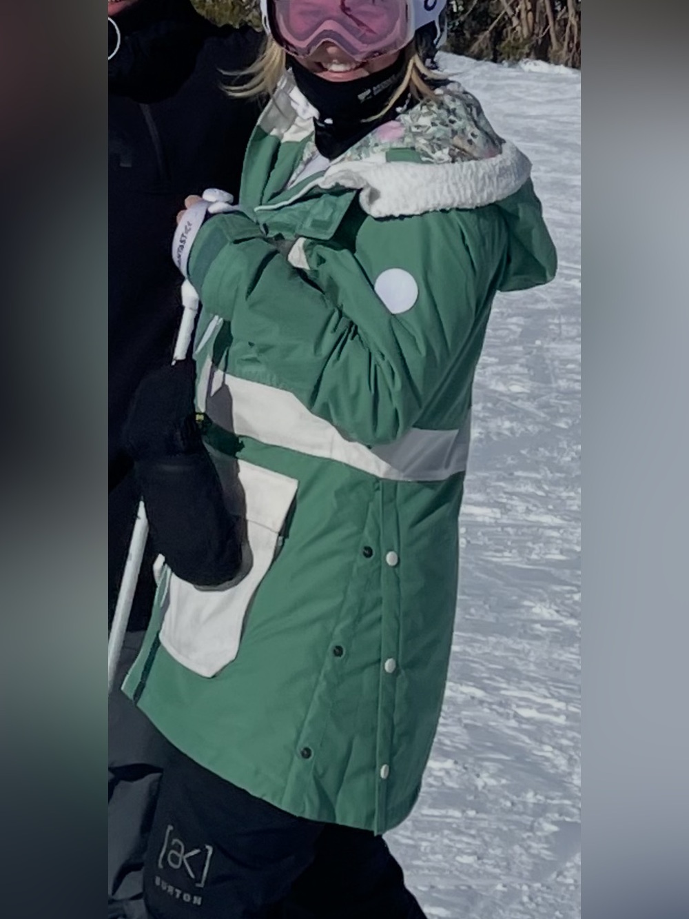 Green ski jacket, floral inside